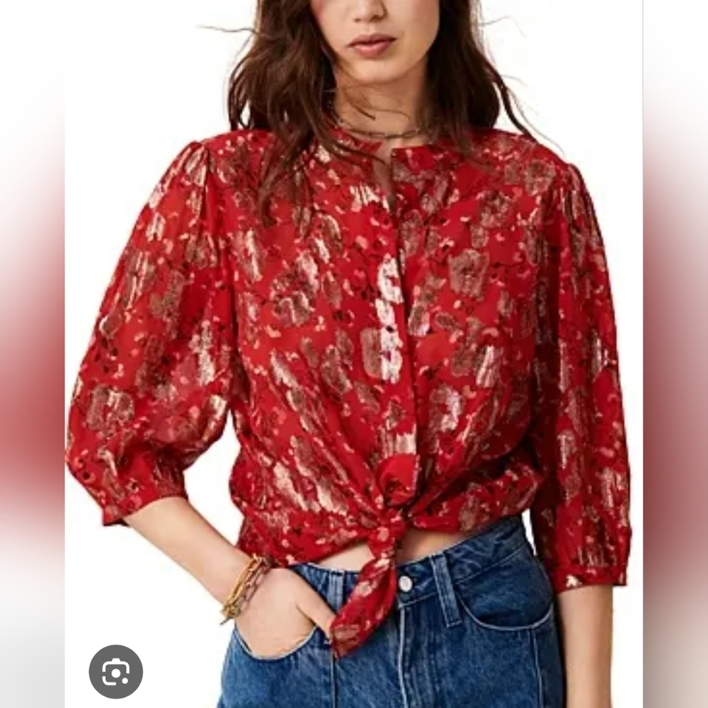Ba&sh/ Tanama Printed Silk Blend Blouse/ Red and Metallic Gold/ Size US XS